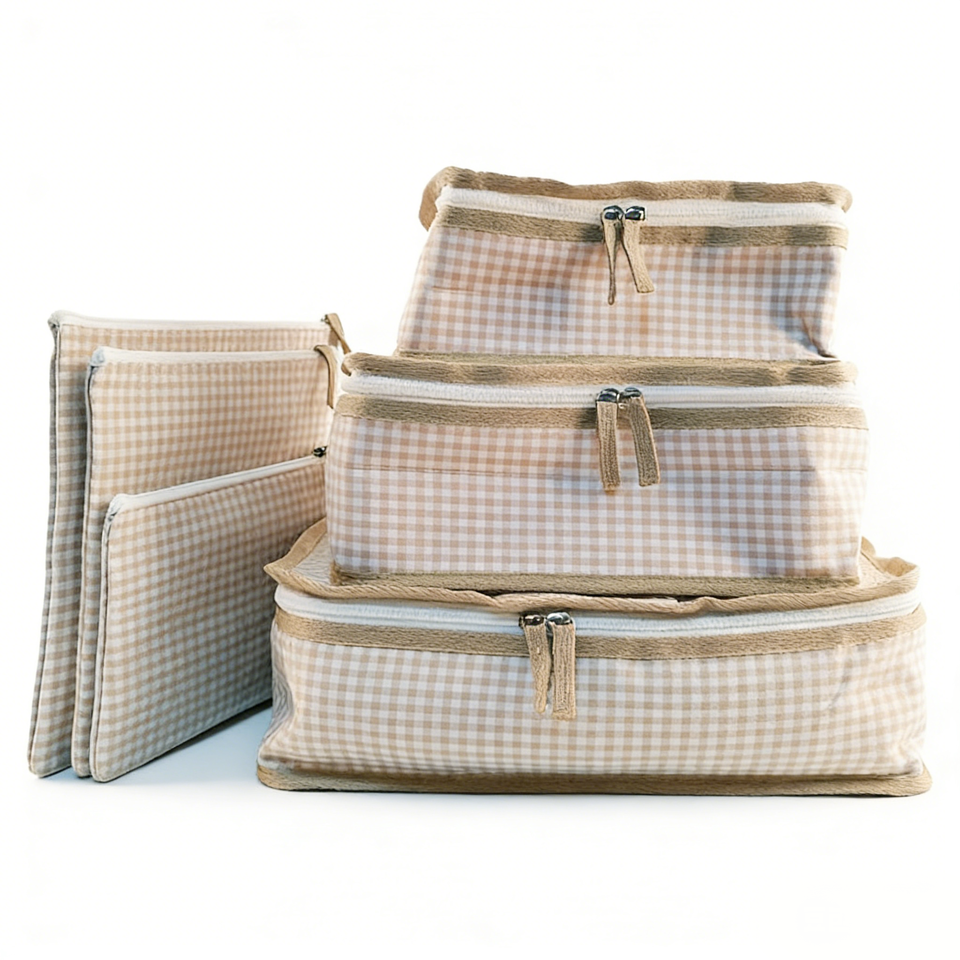 Khaki gingham 6-piece packing cube travel organizer set, from supplier listing
