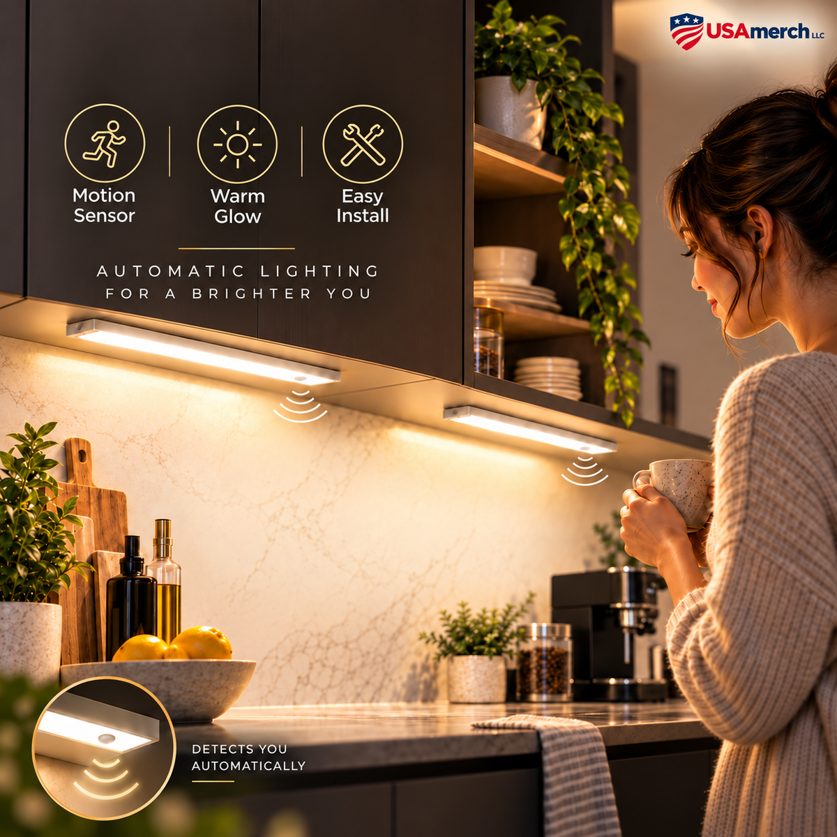 USAmerch rechargeable under-cabinet lights premium lifestyle image