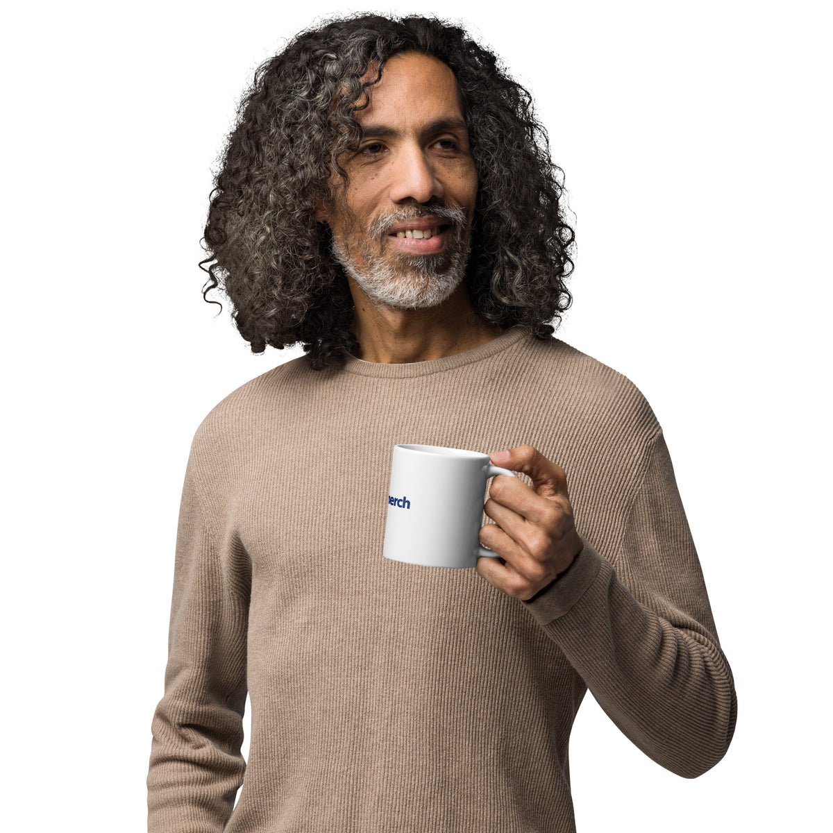 11 oz white glossy ceramic mug with the USAmerch shield logo, handle on the right
