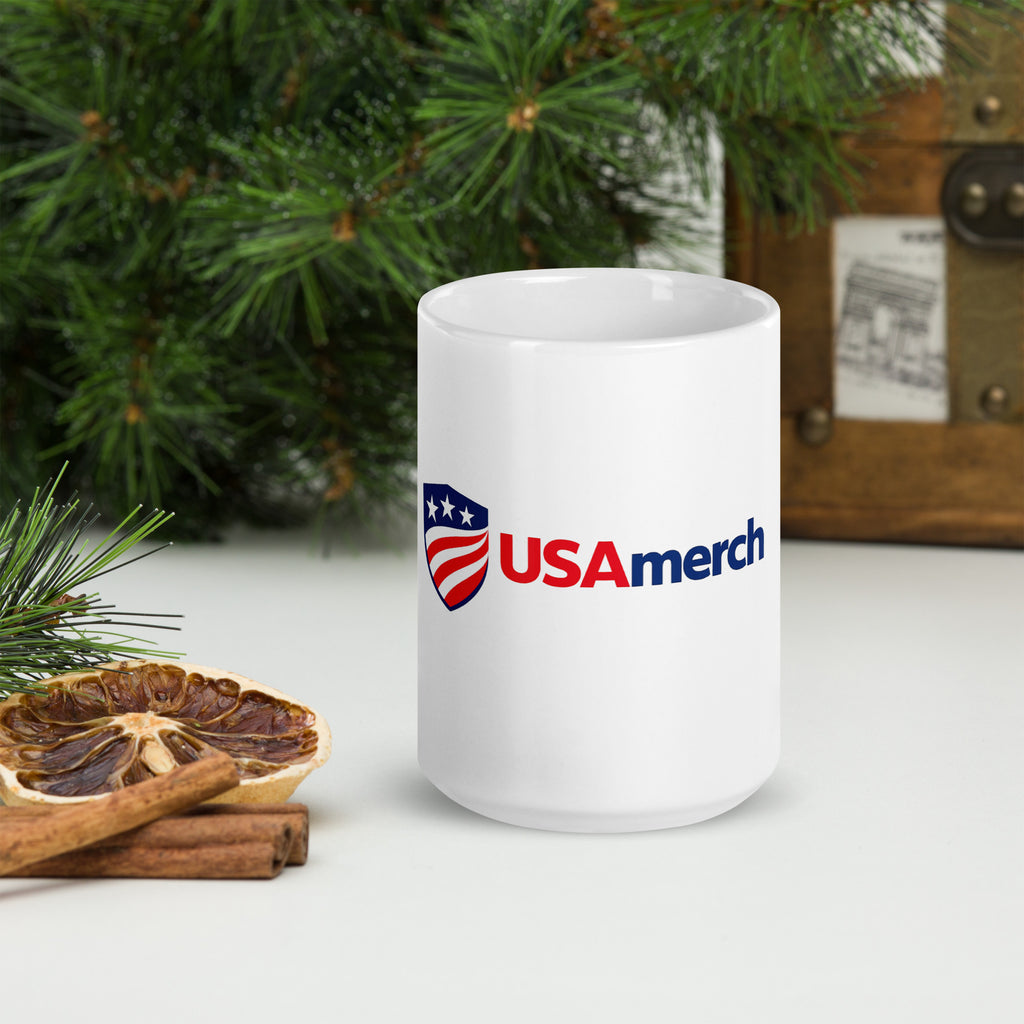 USAmerch shield logo printed on a 15 oz white glossy ceramic mug, front view